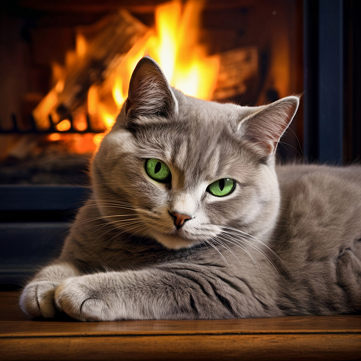 Luna by the fireplace